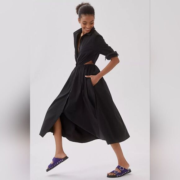 Sunday in Brooklyn Cut-Out Midi Shirt Dress Preppy Academia Minimalist XS - Picture 1 of 14